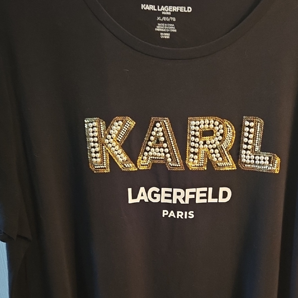 Karl Lagerfeld Black Tee Pearls with Gold and Silver Lettering